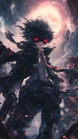 Dark anime gunfighter with glowing red eyes under moon.