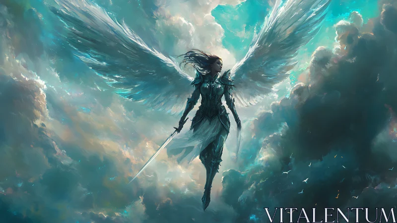 Armored seraphic warrior hovering in luminous storm clouds