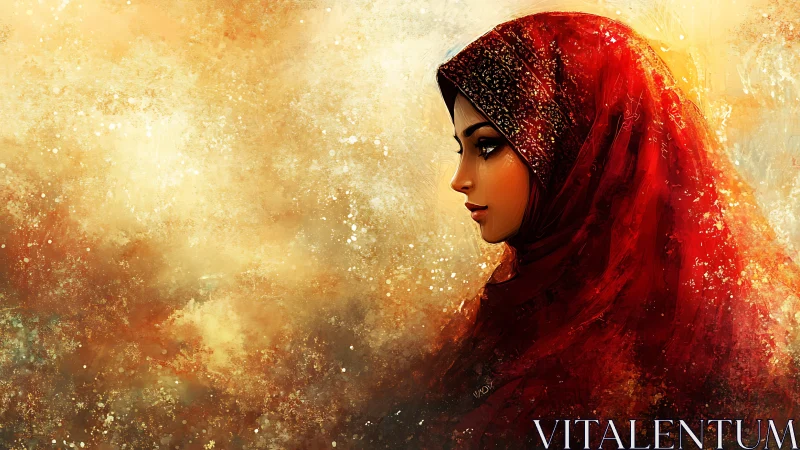 Portrait of woman in red headscarf against warm abstract field.