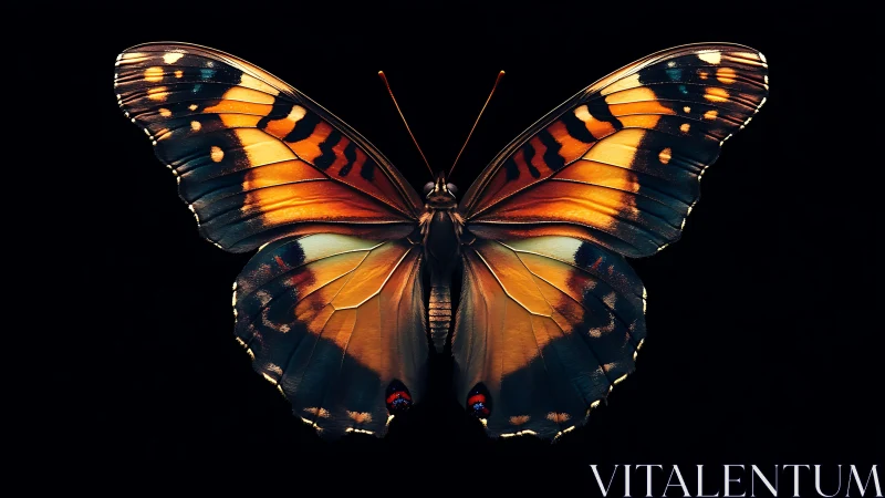 Macro study of illuminated butterfly wings on black field.