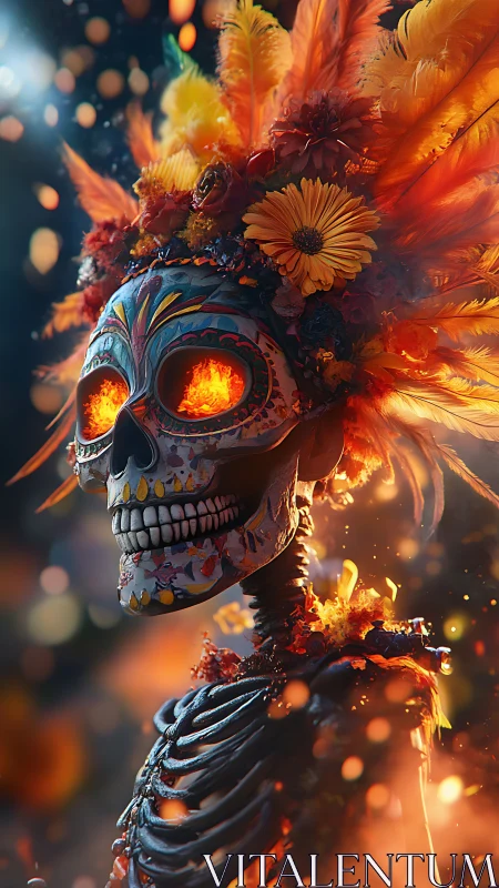 Flaming D&iacute;a de Muertos calavera with floral feathered headdress