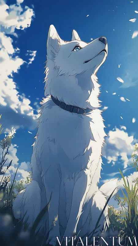 White wolf gazing skyward under drifting spring petals.