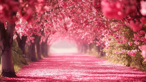 Photorealistic cherry blossom arcade with receding pathway.