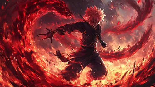 Fiery anime warrior commands erupting inferno with dynamic motion