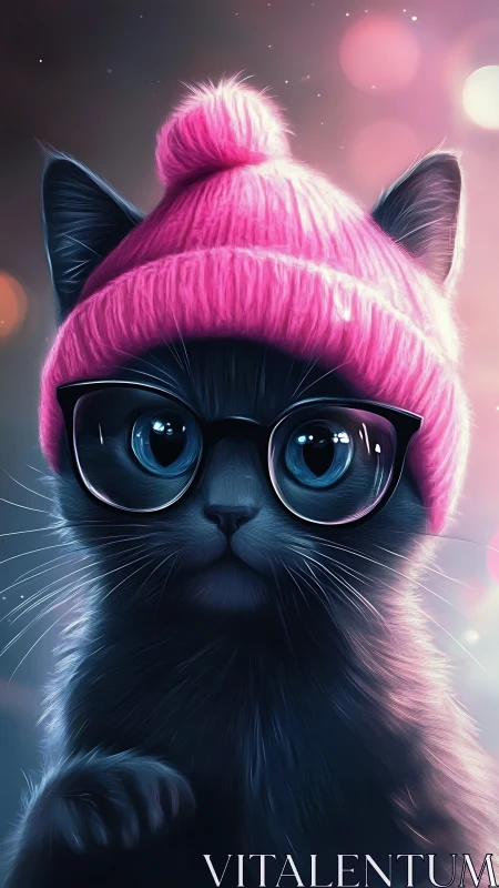 Cool Cat in Pink Beanie - Stylish Digital Portrait