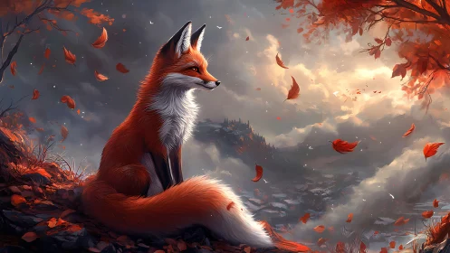 Red fox watches stormlit valley under swirling autumn leaves.