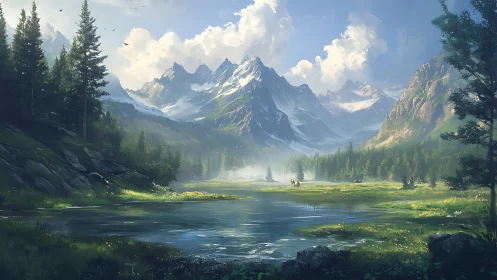 Peaceful mountain valley with calm lake and soft morning light.