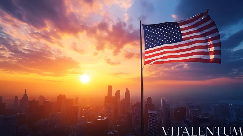 Sunlit American flag waving gently above a glowing city skyline.