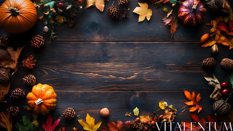 Autumn pumpkins and leaves frame dark rustic wooden table