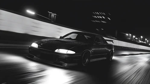 Night street racer car cuts through slick city highway lights