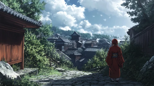 Solitary traveler overlooks a tranquil Edo-era hillside town