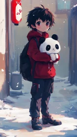Boy in red hoodie holding panda plush in snowy alley.