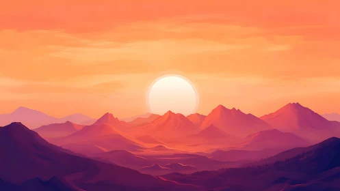 Sun rolls softly over molten-peach mountain waves at dusk