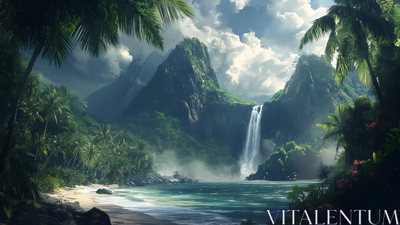 Tropical Paradise Waterfall Valley with Mountains.