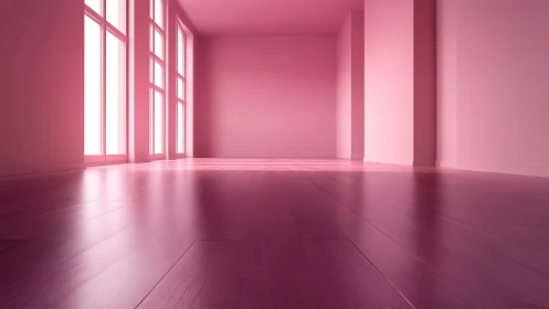 Monochrome magenta interior with reflective plank flooring.