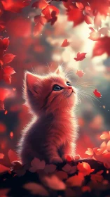 Red Kitten Gazes Upward Through Cascading Autumn Petals