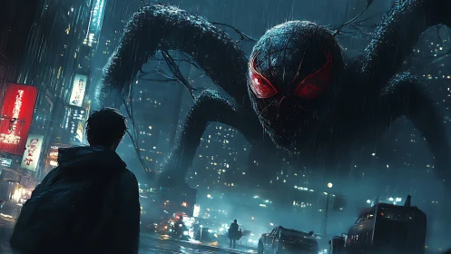 Stormlit city showdown with a towering spider shadow.