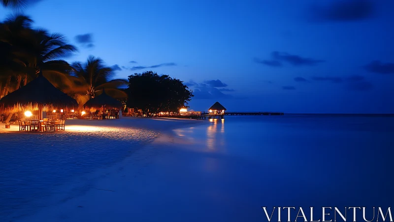 Twilight Beach Resort Illuminated Against Deep Blue Dusk Sky