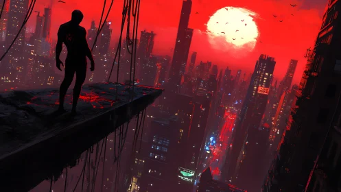 Silhouetted hero surveys neon city beneath burning red sun