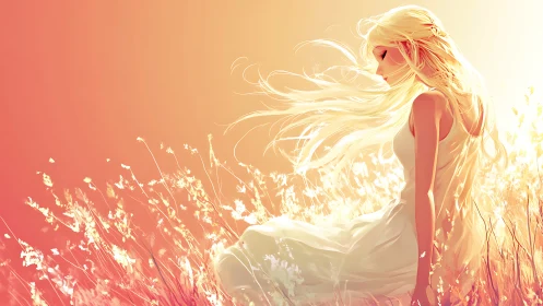 Sunlit girl rests gently in glowing golden meadow breeze