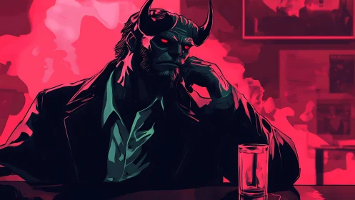 Horned humanoid in neon-lit bar rendered with high-contrast shading