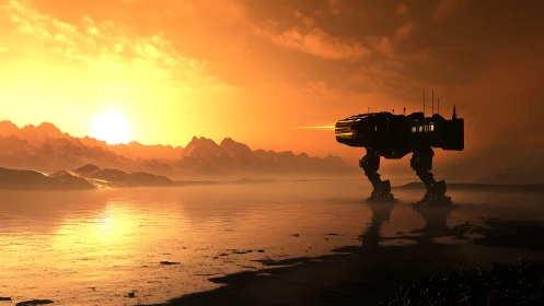 Bipedal mechanical vehicle on reflective lake at sunset.