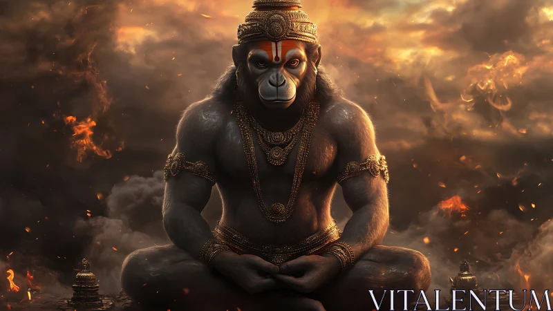 Divine simian guardian meditates within swirling fireclouds
