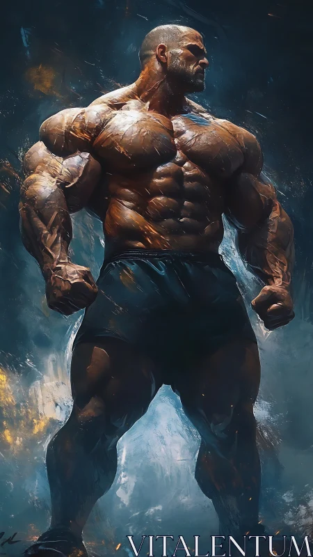 Massive muscular figure posed in dramatic fiery lighting.