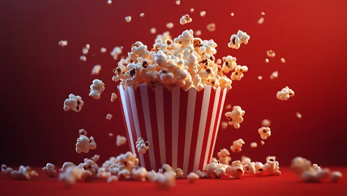Runaway popcorn bursts from its striped bucket in midair