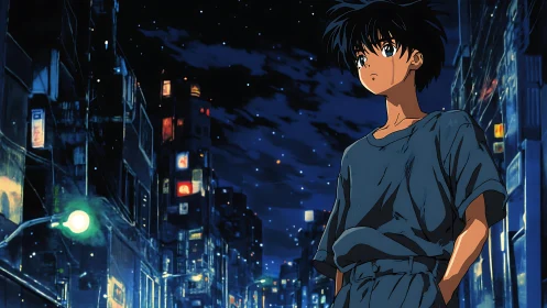 City lights cradle a thoughtful anime boy under a starry sky
