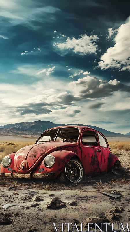 Rusting red beetle embedded in cracked desert plain.