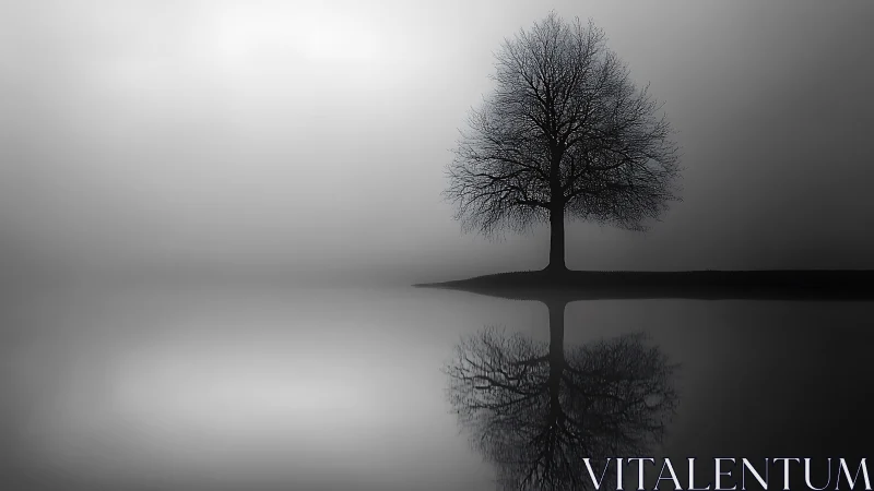 Leafless tree stands on shoreline and forms clear water reflection