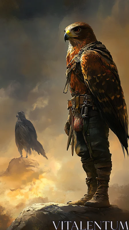 Skyward guardian hawk stands ready above glowing clouds