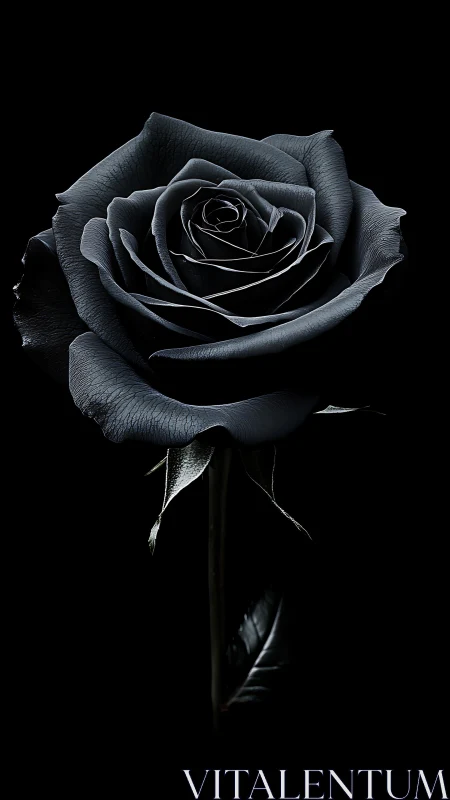 Single black rose is rendered with high-contrast lighting