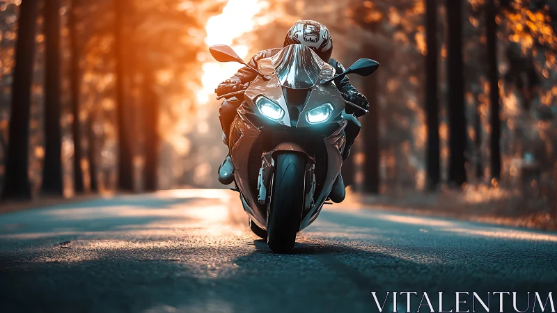 Sport motorcycle charges through sunlit forest road