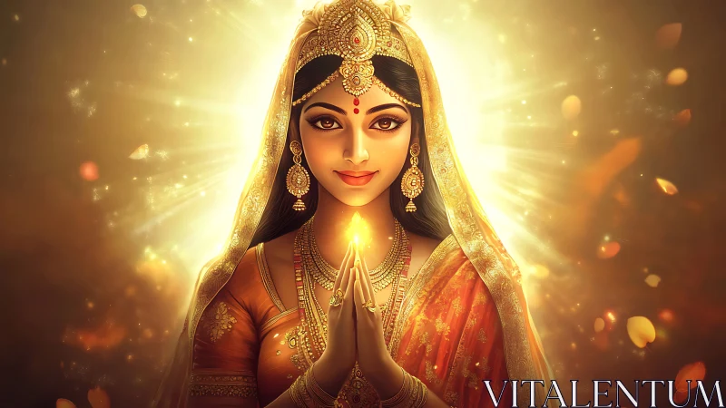 Divine Indian woman glows in golden spiritual light aura