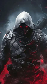 Hooded armored figure stands in red and gray atmospheric field
