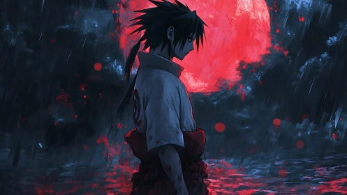 Anime swordsman stands in rain before glowing red moon