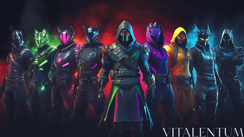 Neon-masked heroes stand united in a smoky digital showdown.