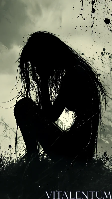 Silhouetted figure crouched in darkness with splattered ink.