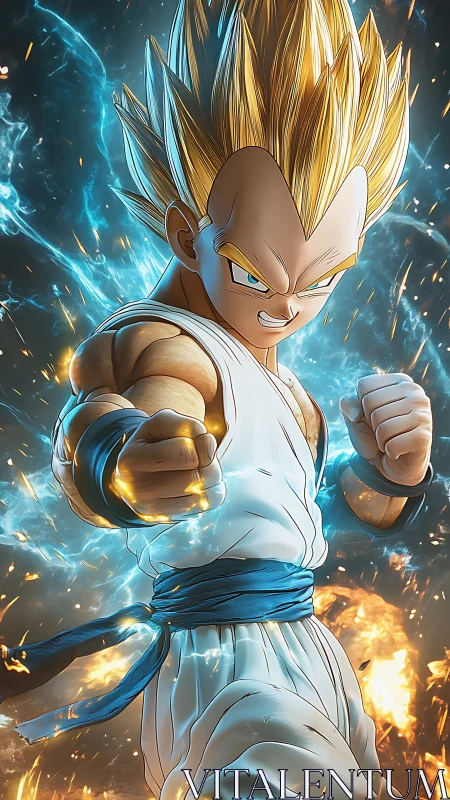 Energetic saiyan warrior in combat-ready charged stance.