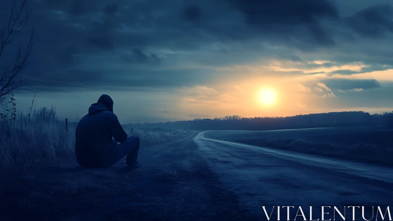 Solitary silhouette waits as the cold blue road meets dawn