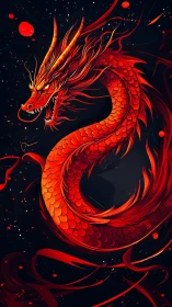 Crimson serpentine dragon coils through embers in void.