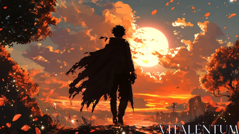 Backlit cloaked wanderer silhouetted against high-saturation sunset