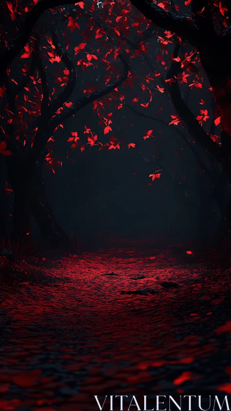 Dark forest environment with luminescent red foliage distributed across upper frame
