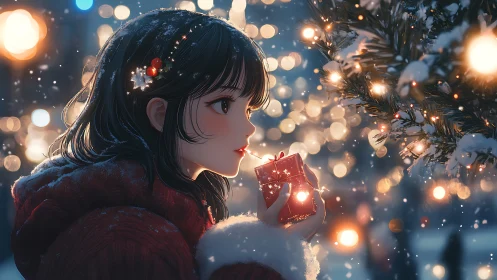 Snowlit girl savors a tiny glowing gift beneath winter lights