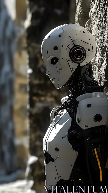 Solitary humanoid robot in sunlit urban alleyway.