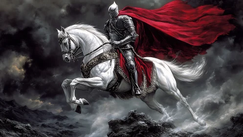 Knight in full armor rides white horse through storm clouds