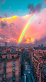 Chromatic sunset rainbow arcs above stylized Parisian skyline