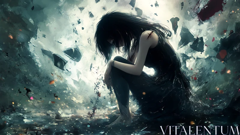 Digital painting of solitary girl amid shattering voidscape.